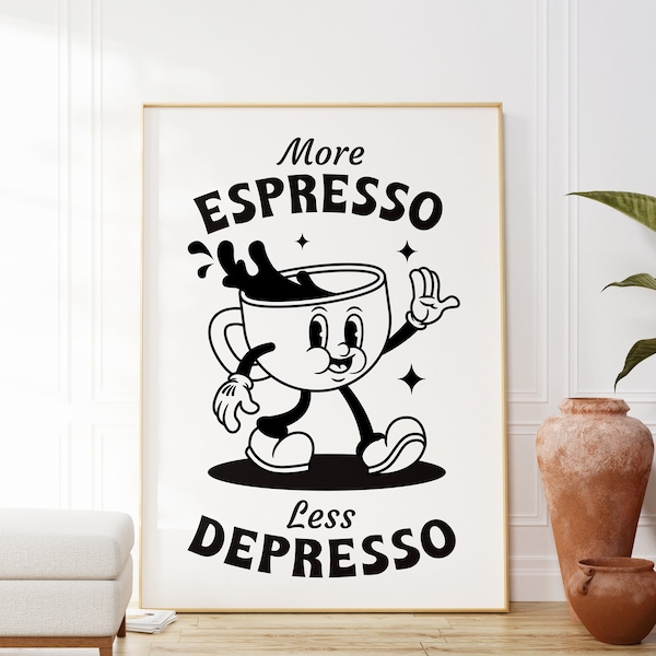 Mehr Espresso Less Depresso, schwarz und weiß, Retro Zitat Druck, trendige Wandkunst, Retro Kaffee Bar Poster, Wohnheim Zimmer Dekor, ästhetisches Dekor