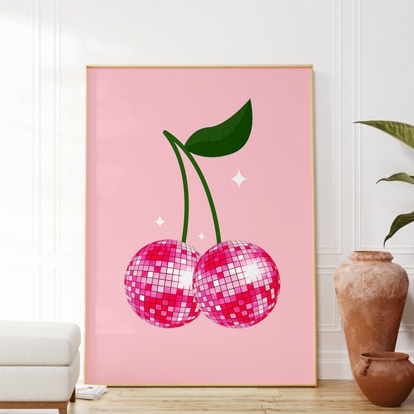 Disco Ball Cherries Print, Pink Aesthetic, Disco Ball Print, Room Decor Aesthetic Y2K, Pink Poster, 70s Wall Art, Trendy Wall Art Retro