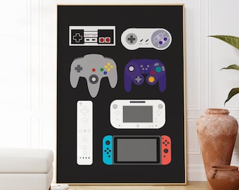 May include: A black and white poster with illustrations of different video game controllers, including a Nintendo Entertainment System controller, a Super Nintendo Entertainment System controller, a Nintendo 64 controller, a GameCube controller, a Wii remote, a Wii U gamepad, and a Nintendo Switch controller.