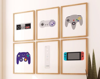 Video Game Art, Video Game Controllers Set, Game Room Decor, Retro Gaming Art, Video Game Prints, Game Room Art, Gaming Room, 90s Art