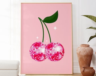 Disco Ball Cherries Print, Pink Aesthetic, Disco Ball Print, Room Decor Aesthetic Y2K, Pink Poster, 70s Wall Art, Trendy Wall Art Retro