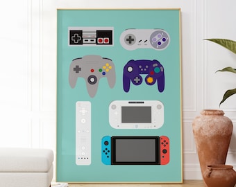 Video Game Controllers Printable Art - Video Game Art - Game Room Decor, Gaming Prints, Gaming Decor, Complete Controllers Print