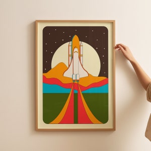 Cartel retro del transbordador espacial, impresión de cohetes espaciales, cartel espacial retro, descarga digital, impresión de lanzamiento de cohetes, estética retro, arte de pared de los años 70