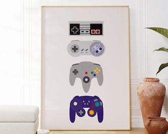 May include: A white framed print with a vertical arrangement of four video game controllers. The top controller is a gray NES controller, followed by a gray Super Nintendo controller, a gray Nintendo 64 controller, and a purple GameCube controller.