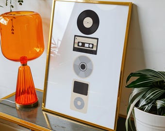 レトロ音楽の進化プリント、レコード、カセット、CDのウォールアート
