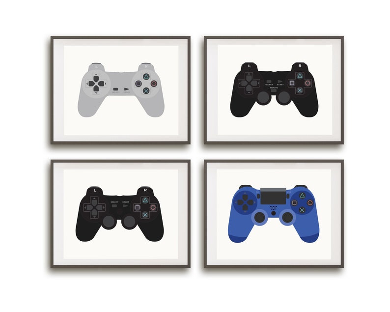 May include: Four framed prints of different colored video game controllers. The controllers are all in the same style, with a black background and white buttons. The frames are all black and have a white mat.
