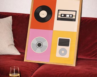 レトロミュージックエボリューションプリントビニールカセットCD MP3ウォールアート音楽愛好家へのギフトポップアートミュージックポスターレトロアパート装飾音楽室アート