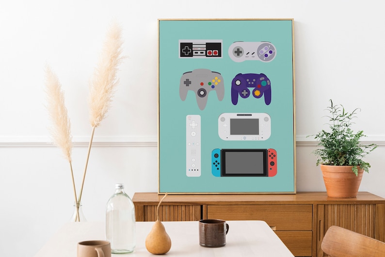 Video Game Controllers Print, Game Room Decor, Video Game Art, Gaming Print, Retro Controllers, Video Game Print 