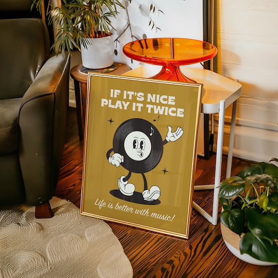 If It's Nice Play It Twice Retro Vinyl Record Wall Art Music Lover Gift Vintage Record Player Decor Mid Century Music Poster