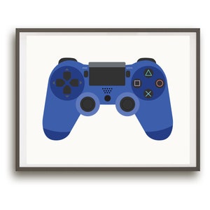 May include: A blue video game controller with black buttons and a gray screen. The controller is framed in a gray frame.