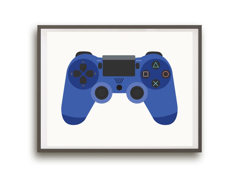 May include: A blue video game controller with black buttons and a gray screen. The controller is framed in a gray frame.