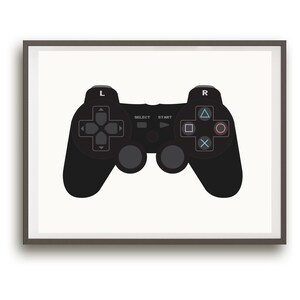 May include: A black video game controller with buttons labeled 'Select', 'Start', 'L', and 'R'. The controller is framed in a gray frame.