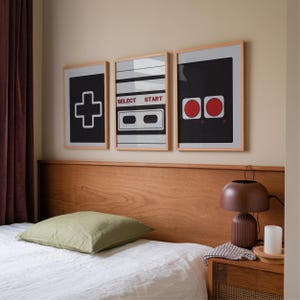 Video Game Art for Game Room, Set of 3 Classic Video Game Controller Art Prints, Retro Gaming Wall Art, Gift for Gamer, Man Cave Decor
