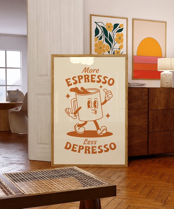 Retro Coffee Art Print, More Espresso Less Depresso, Orange Retro Quote Poster, Trendy Wall Art, Cute Quote Print, Coffee Bar Decor