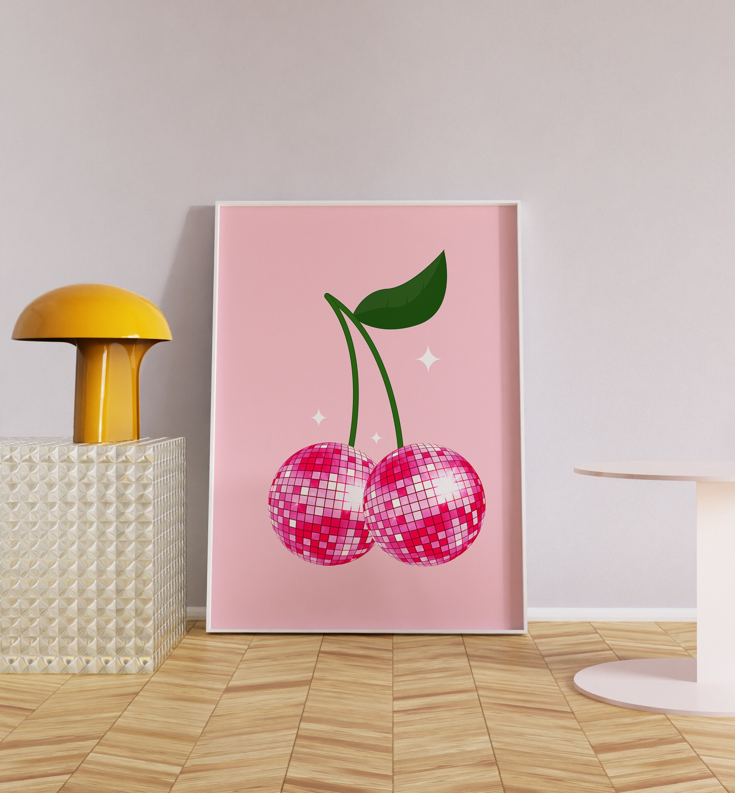 Disco Ball Cherries Print Pink Aesthetic Disco Ball Print Etsy Australia