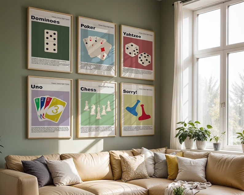 Set of Six Retro Game Night prints featuring MCM style illustrations of popular games including Dominoes, Poker, Yahtzee, Uno, Chess and Sorry!
