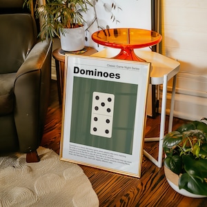 Set of Six Retro Game Night prints featuring MCM style illustrations of popular games including Dominoes, Poker, Yahtzee, Uno, Chess and Sorry!