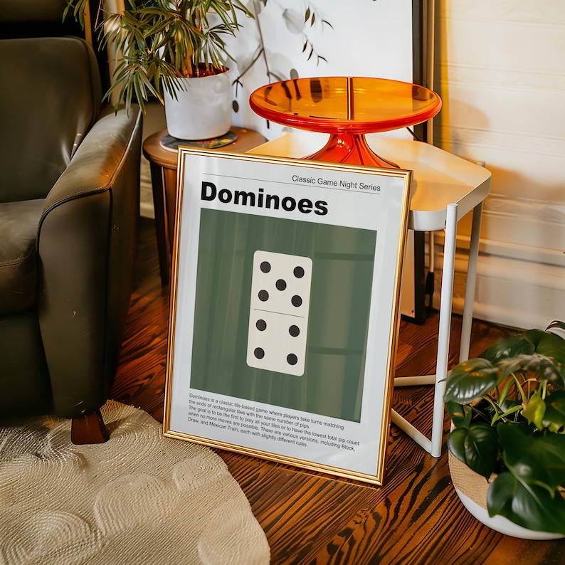 Set of Six Retro Game Night prints featuring MCM style illustrations of popular games including Dominoes, Poker, Yahtzee, Uno, Chess and Sorry!