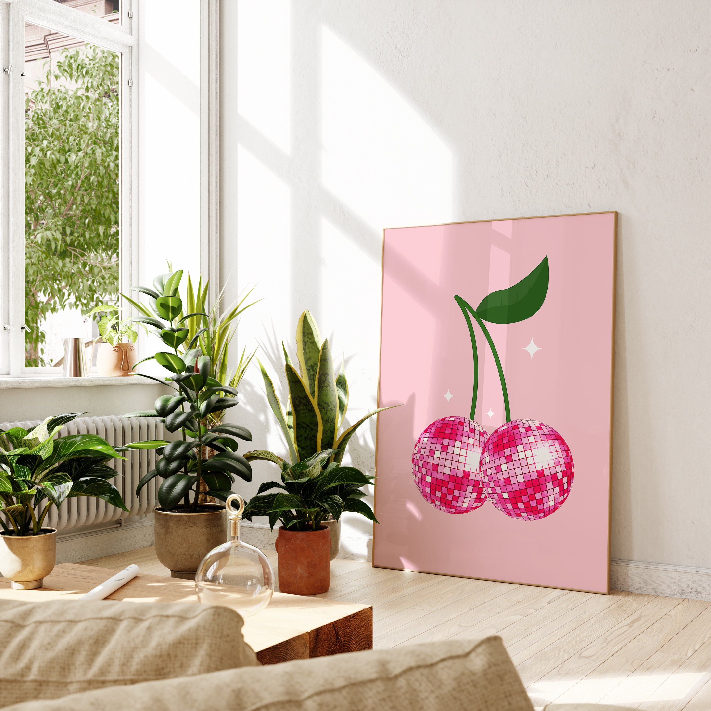 Disco Ball Cherries Print Pink Aesthetic Disco Ball Print Etsy