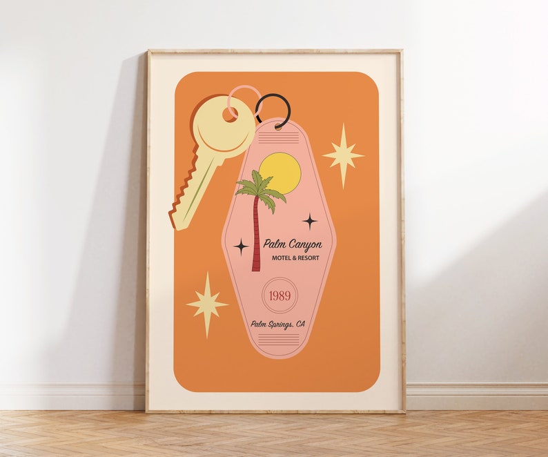May include: A retro-style motel key tag with a pink background and a palm tree design. The tag reads "Palm Canyon Motel & Resort" and "1989 Palm Springs, CA".