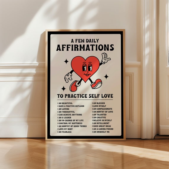 Daily Affirmations Printable, Self Love Print, Self Care Wall Print, Positivity Print, Trendy Y2K Illustration, Indie Poster, Dorm Room Art
