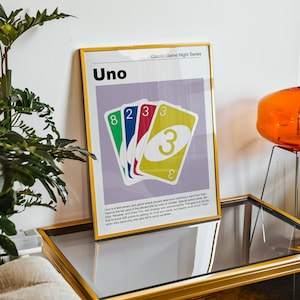 Set of Six Retro Game Night prints featuring MCM style illustrations of popular games including Dominoes, Poker, Yahtzee, Uno, Chess and Sorry!