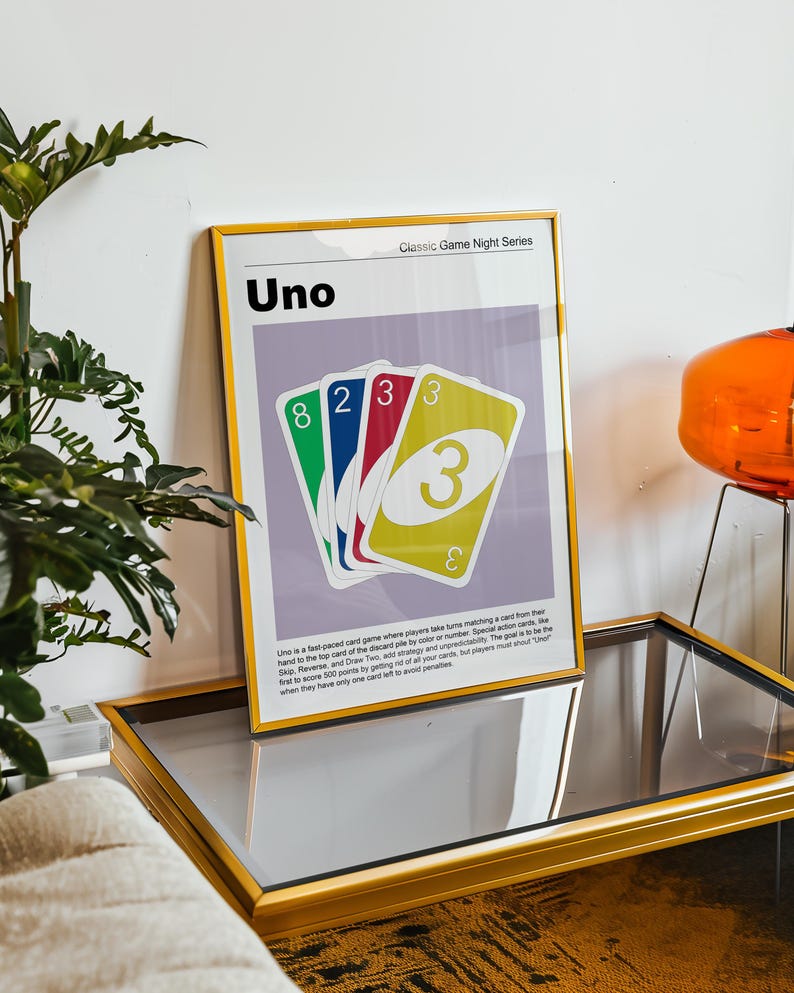Set of Six Retro Game Night prints featuring MCM style illustrations of popular games including Dominoes, Poker, Yahtzee, Uno, Chess and Sorry!