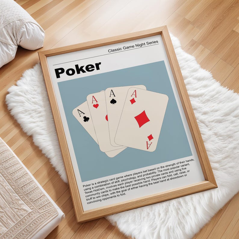 Set of Six Retro Game Night prints featuring MCM style illustrations of popular games including Dominoes, Poker, Yahtzee, Uno, Chess and Sorry!