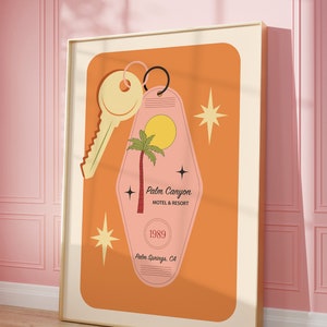 May include: A retro-style motel key tag with a palm tree and the text "Palm Canyon Motel & Resort" in a pink and orange color scheme. The tag also includes the year "1989" and the location "Palm Springs, CA".