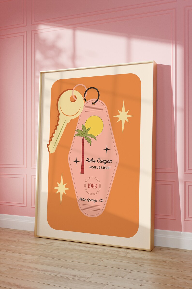 May include: A retro-style motel key tag with a palm tree and the text "Palm Canyon Motel & Resort" in a pink and orange color scheme. The tag also includes the year "1989" and the location "Palm Springs, CA".