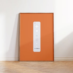 May include: A white Wii Remote controller printed on a poster with an orange background.