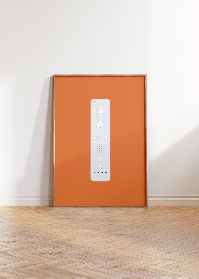 May include: A white Wii Remote controller printed on a poster with an orange background.
