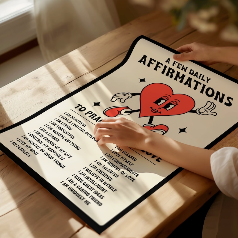 May include: A poster with a black border and a cream background featuring a red heart character with arms and legs. The poster has the text "A Few Daily Affirmations" and a list of positive affirmations. The poster is on a wooden table.