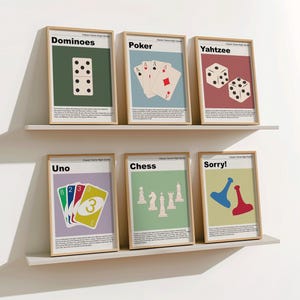 Set of Six Retro Game Night prints featuring MCM style illustrations of popular games including Dominoes, Poker, Yahtzee, Uno, Chess and Sorry!
