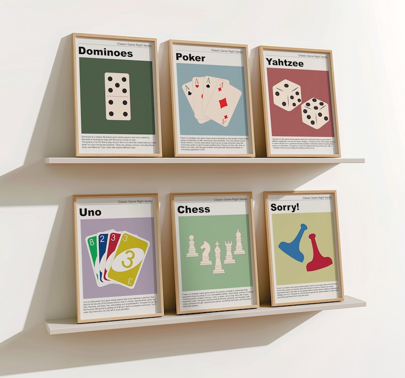 Set of Six Retro Game Night prints featuring MCM style illustrations of popular games including Dominoes, Poker, Yahtzee, Uno, Chess and Sorry!