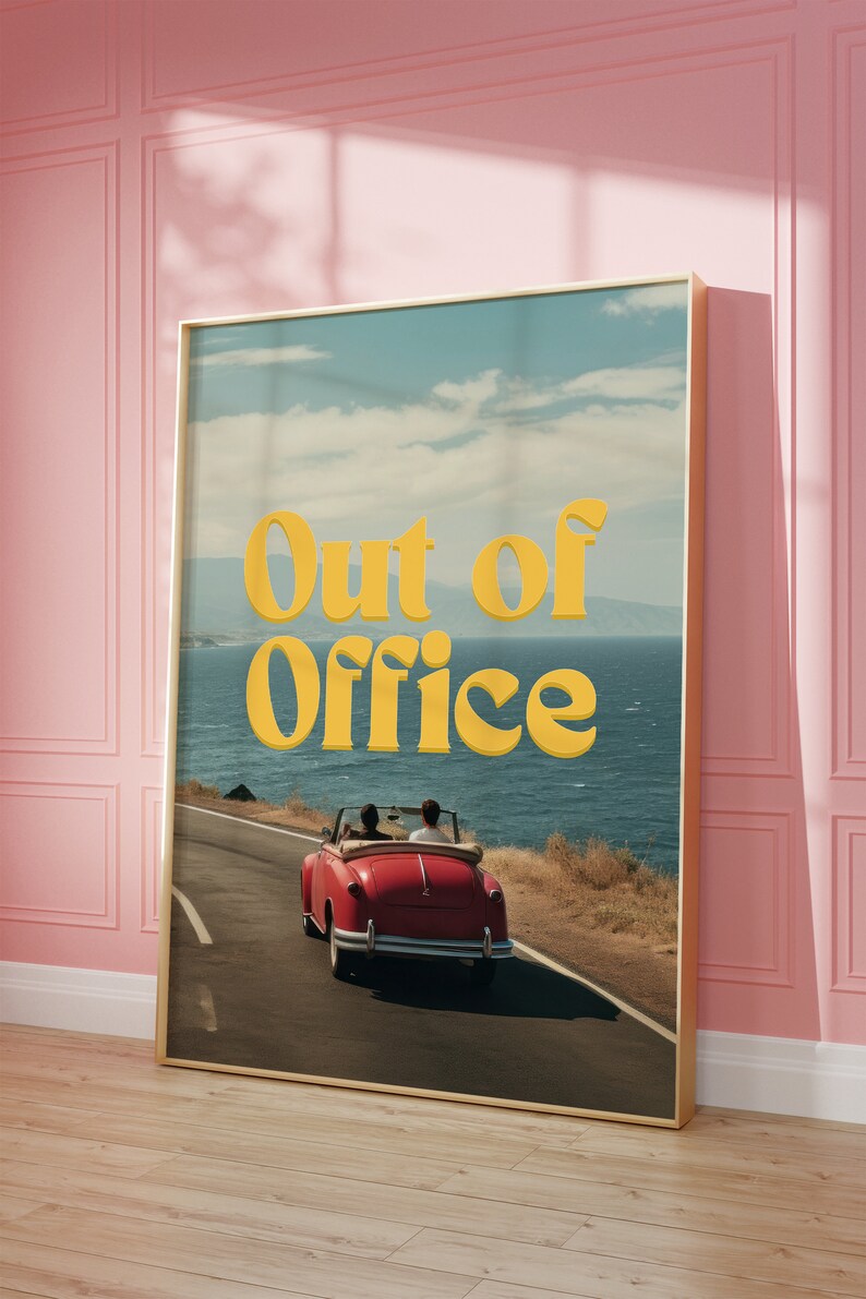 May include: A vintage red convertible car drives down a winding road with a blue ocean and sky in the background. The car has two people in the front seats. The text "Out of Office" is written in yellow letters on the image.