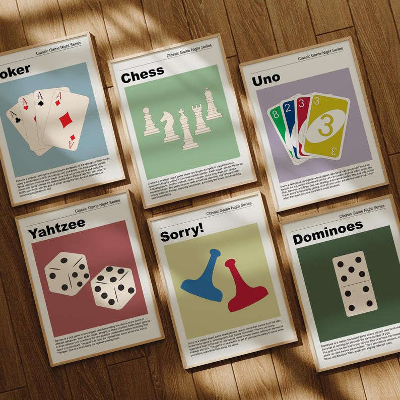May include: A collection of framed posters featuring classic board and card games. The posters include Poker, Chess, Uno, Yahtzee, Sorry!, and Dominoes. Each poster has a minimalist design with game-related illustrations and the game's name.