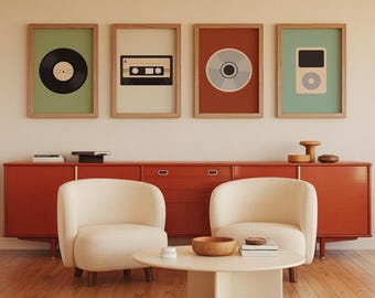 May include: Four framed art prints featuring retro music media: a vinyl record, cassette tape, CD, and iPod. The prints are in wooden frames and hang above a red cabinet and two cream-colored armchairs. A round coffee table sits in front of the chairs.