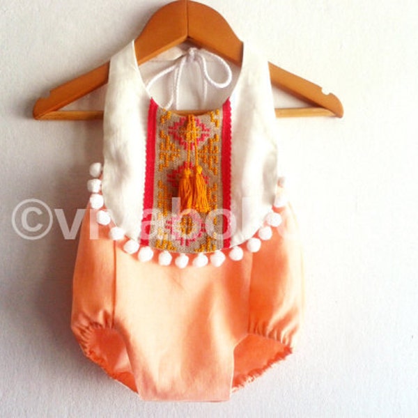 Peach Baby Girl Romper/ Linen Boho Chic Sunsuit/ Baby Clothes/ Pom Pom/ First Birthday Outfit / Size NB-6years