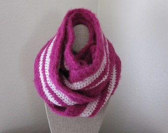 Handmade Pink Crocheted Neck Scarf: Fuzzy Striped Scarf (82"x4.5")