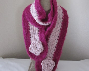 VALENTINES DAY GIFT Idea***Fuzzy Warm & Soft Scarf, Crocheted Long Neck Scarf - Handmade Pink Scarf w Flower Detail