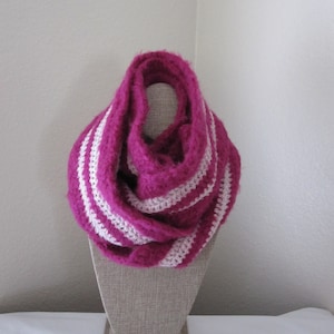 Handmade Pink Crocheted Neck Scarf: Fuzzy Striped Scarf (82&quot;x4.5&quot;)