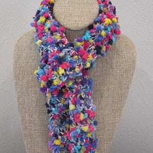 Handmade PomPom Skinny Scarf - Multi Colored Yarn Scarf, Soft, Fun, Whimsical Wearable Accessory (P1)