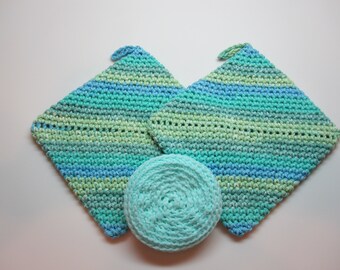 HOT Pad POT HOLDER Kitchen Set Handmade Ocean Blue/Green Gift Idea, Housewarming Gift, Double Thickness with Matching Pot Scrubbers (A-3)