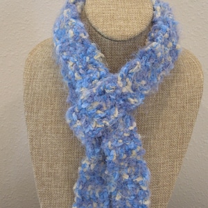 Blue Skinny Scarf, Long Scarf, Bohemian, Fuzzy Scarf, Blues, Cream, Handmade, Soft, Fun (E5)