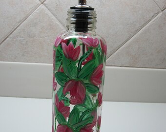 HAND Painted Oils Dispenser for Kitchen, Pink Flowers, Hand Painted, Kitchen Dispenser with Pour Spout, Housewarming Gift, Co-worker Gift
