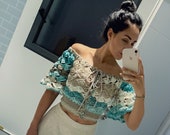 Crochet top, crop top made from cotton yarn, blouse, ombre cotton yarn, boho style, summer top, woman tank, robe, blue, beige, knitting