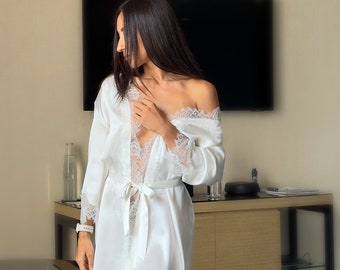 Silk feminine white robe with white lace