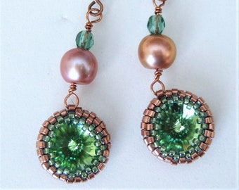 Copper and Green Swarovski Crystal Beaded Earrings