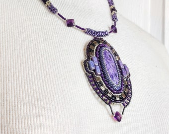 EGYPTIAN Charoite and Amethyst Bead-embroidered Necklace